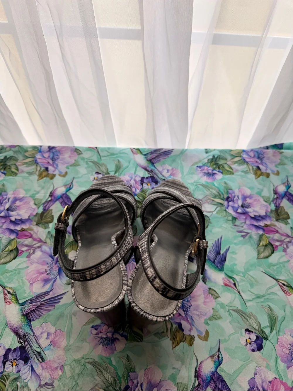 Stuart Weitzman Gray Textured Strappy Block Heel Sandals